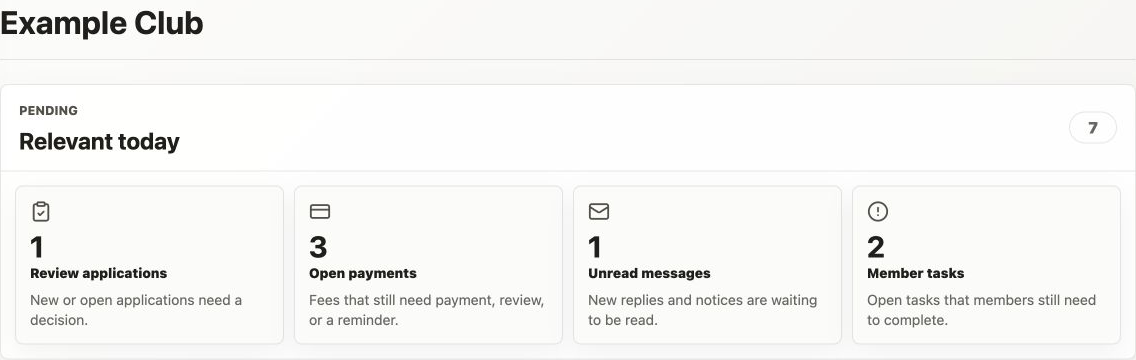 Example Club CRM overview with the four pending cards Review applications, Open payments, Unread messages and Member tasks.