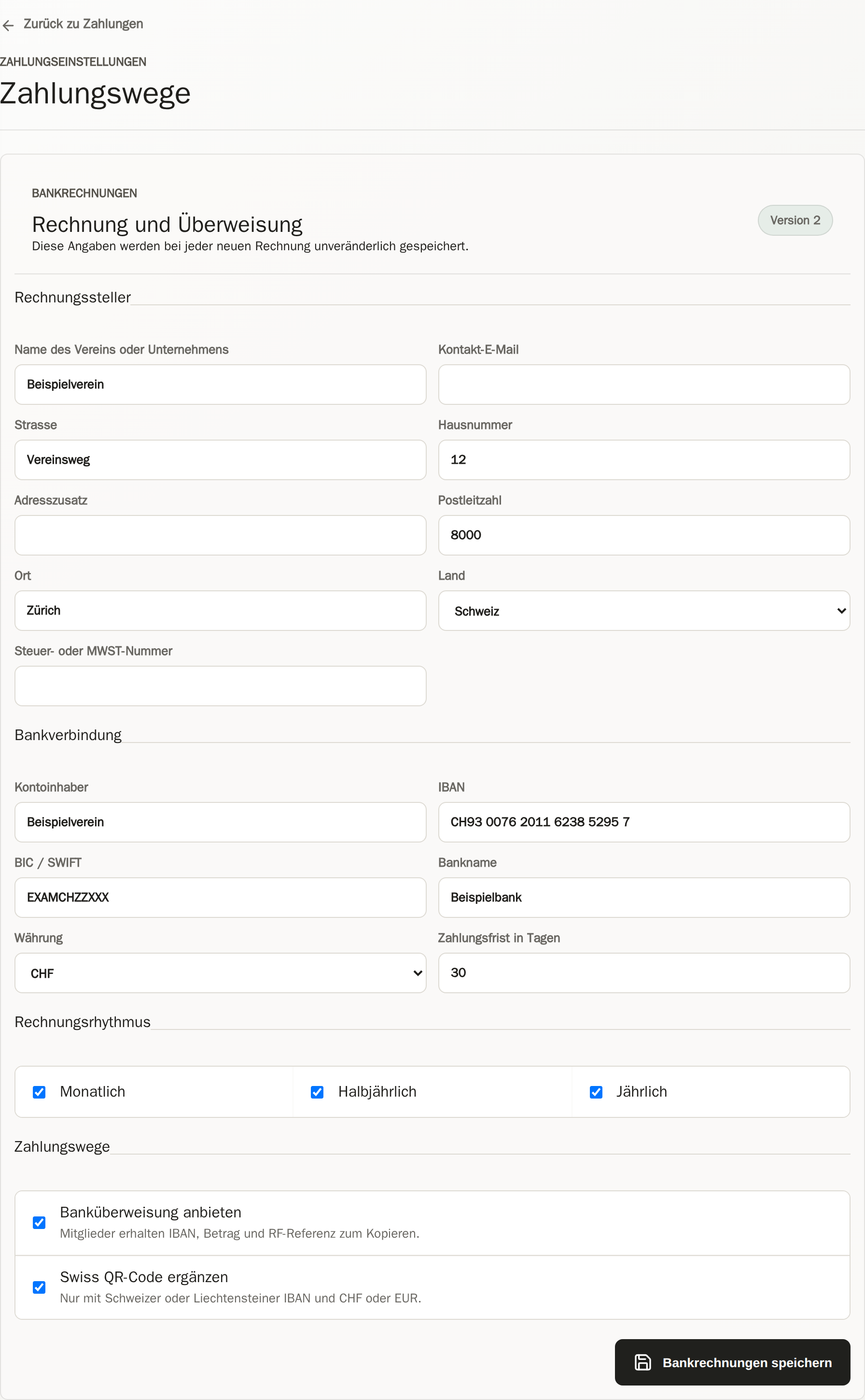 CRM-Zahlungseinstellungen mit Rechnungssteller, Bankverbindung, Rechnungsrhythmen und Zahlungswegen.