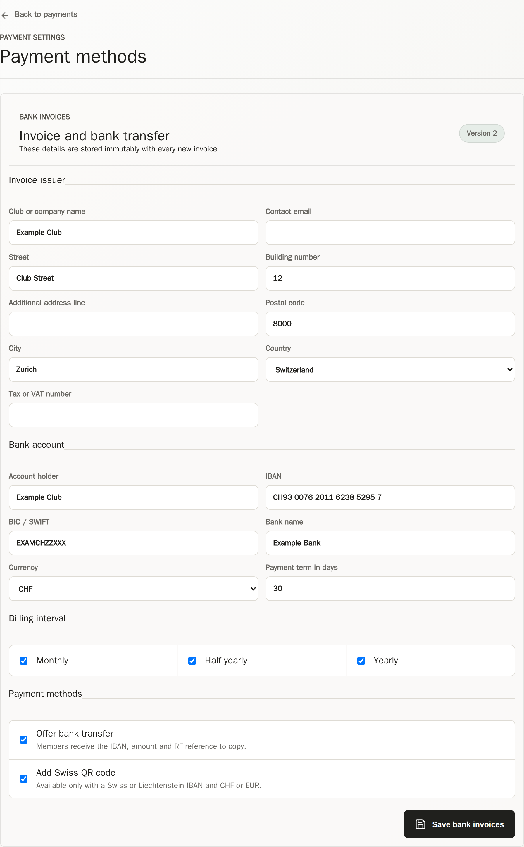 CRM payment settings with invoice issuer, bank account, billing intervals and payment methods.