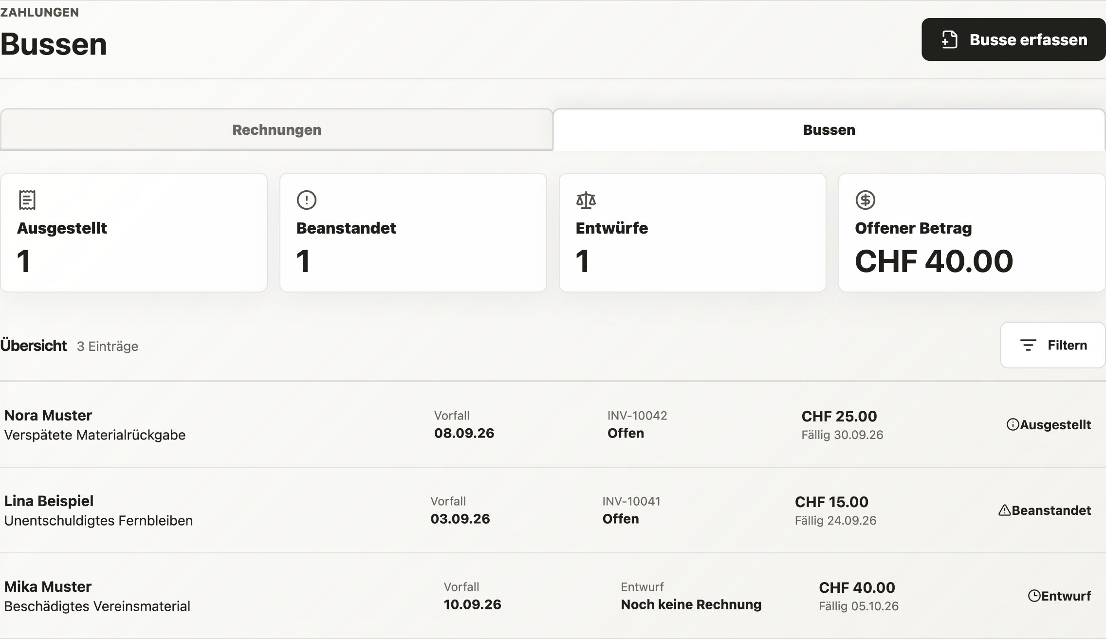 CRM-Bussenübersicht mit Statuszahlen, offenem Betrag und drei synthetischen Beispielvorgängen.