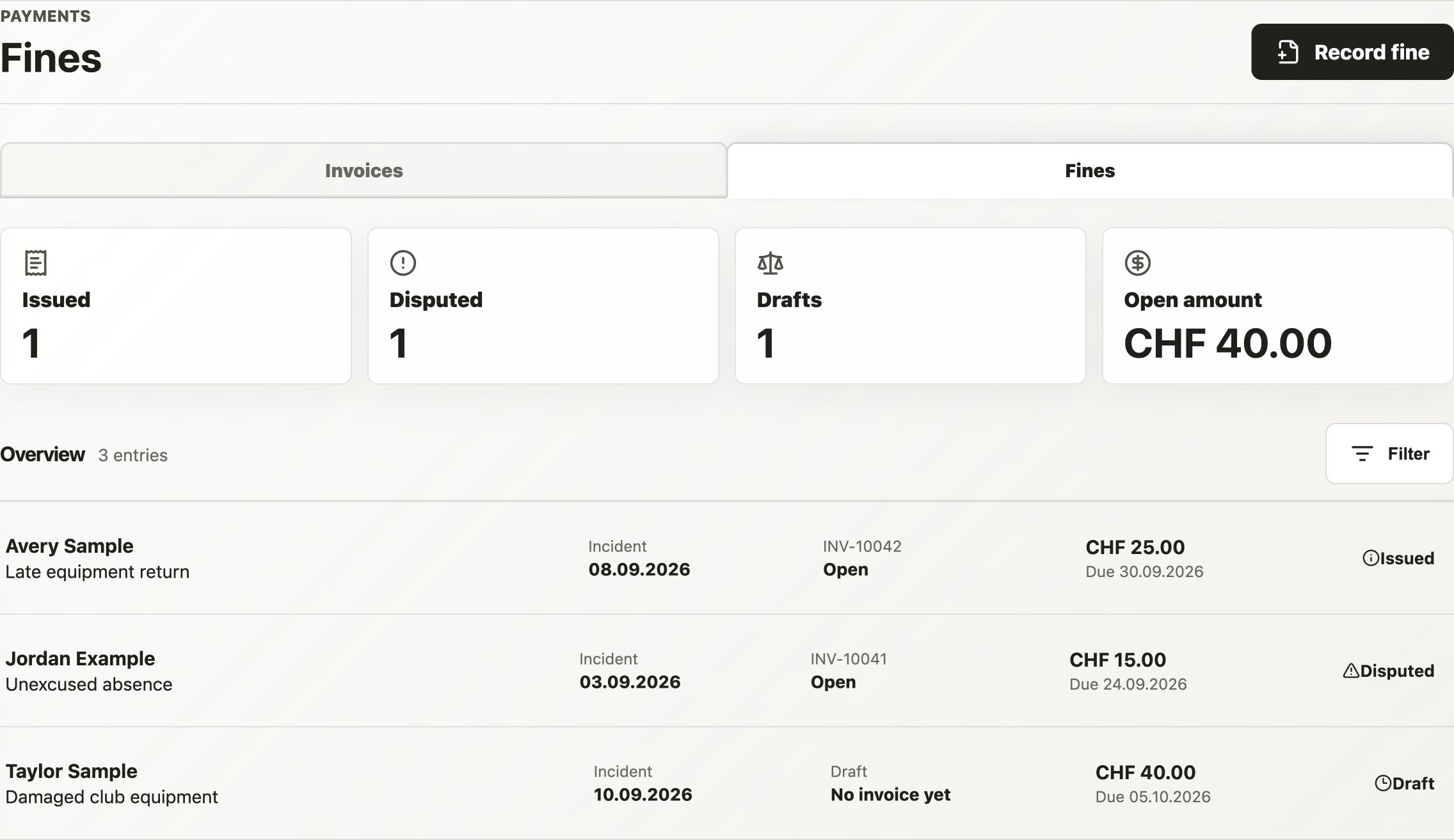 CRM fines overview with status totals, open amount and three synthetic examples.
