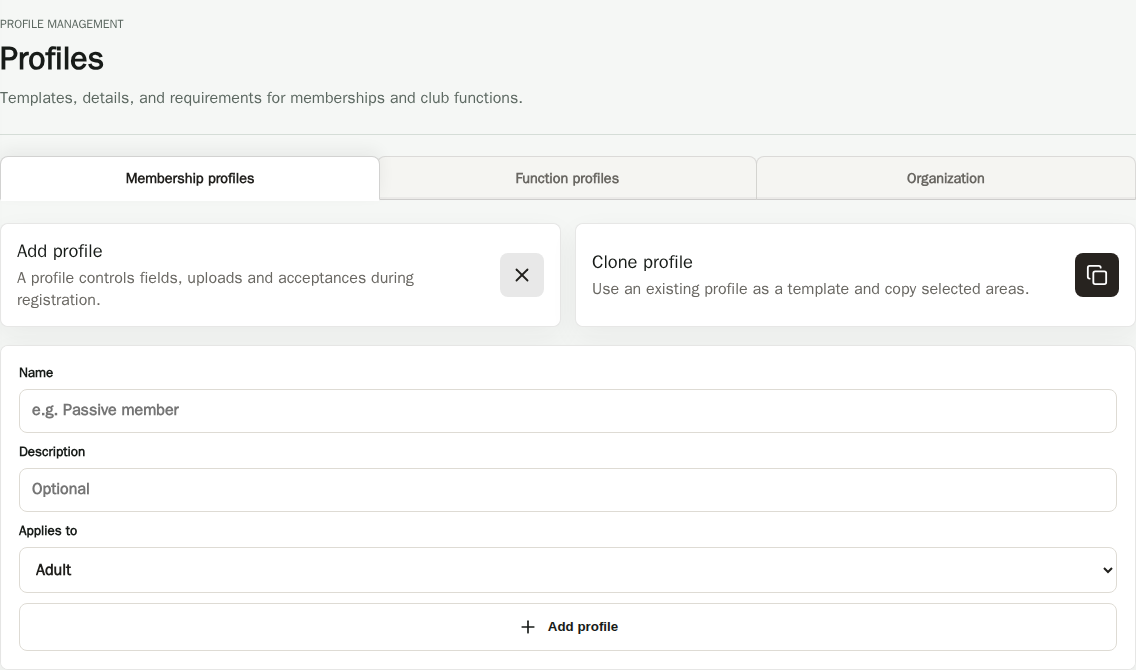 Example Club CRM profile management with the Add profile area open for name, description and intended person.