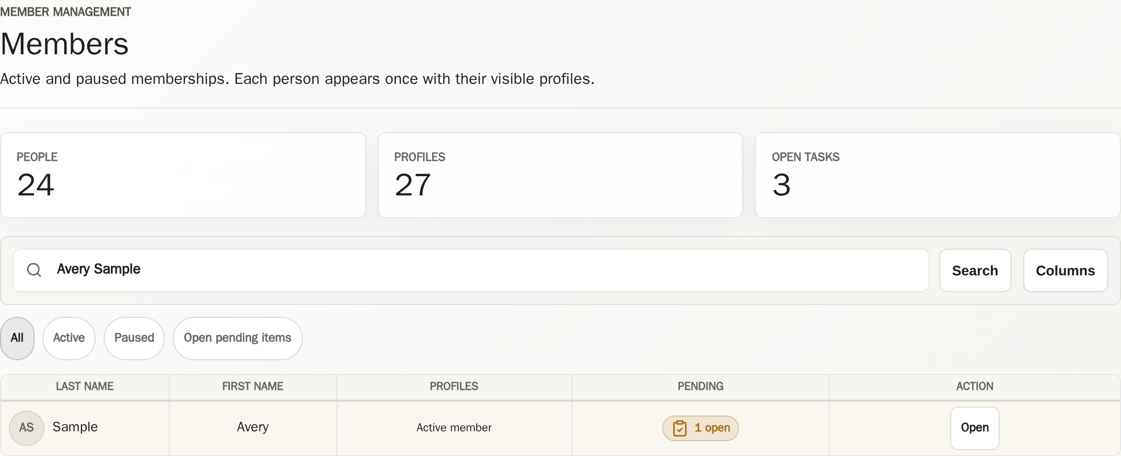 CRM member list with a search for Avery Sample, status filters, a membership and one open task.