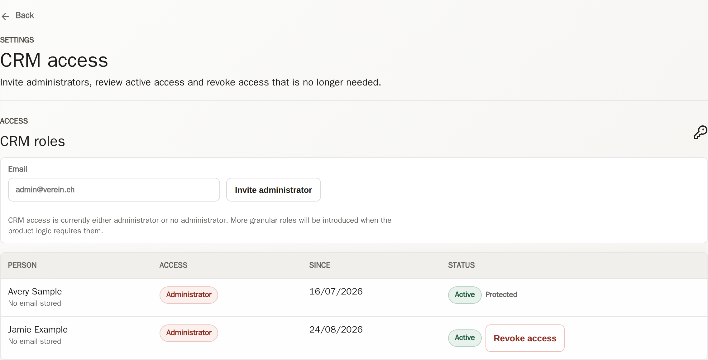 CRM access management with an invitation, a protected club owner and one revocable administrator.