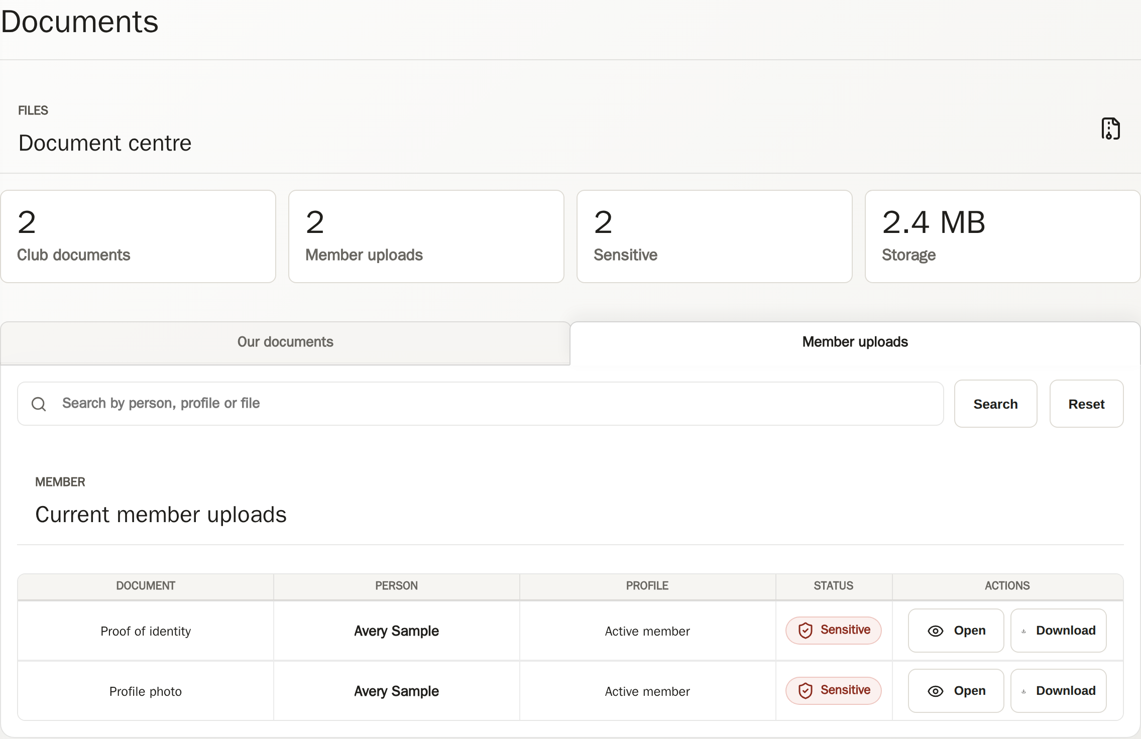 CRM document centre showing two protected sample uploads for Avery Sample with Open and Download actions.