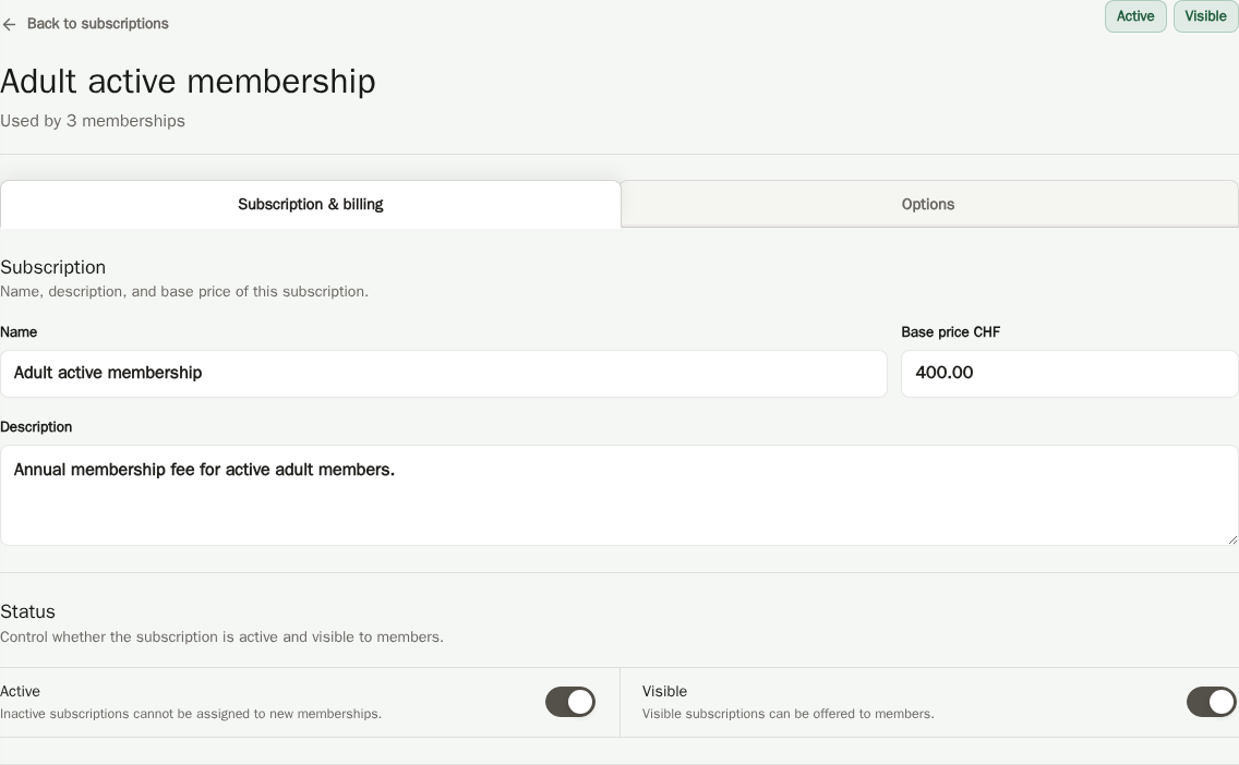 CRM subscription editor for Adult active membership with name, annual base price, description, and active and visible status.
