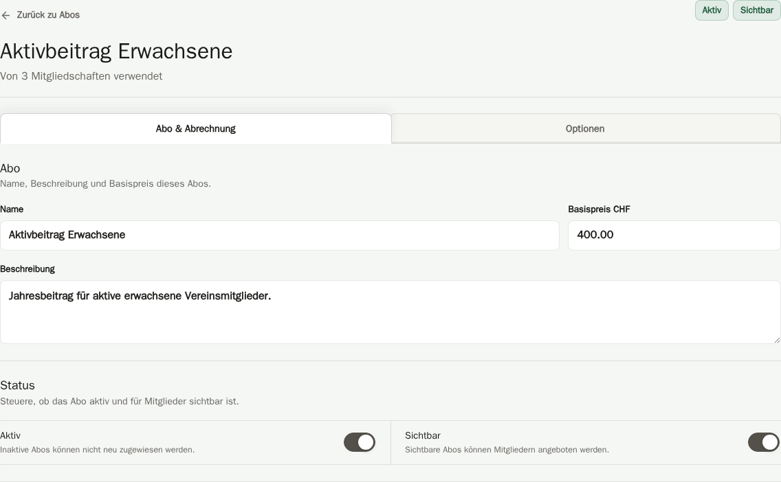 CRM-Aboeditor für den Mitgliederbeitrag Aktivbeitrag Erwachsene mit Name, jährlichem Basispreis, Beschreibung sowie aktivem und sichtbarem Status.