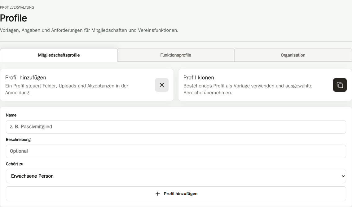 CRM-Profilverwaltung des Beispielvereins mit geöffnetem Bereich Profil hinzufügen für Name, Beschreibung und Zielperson.