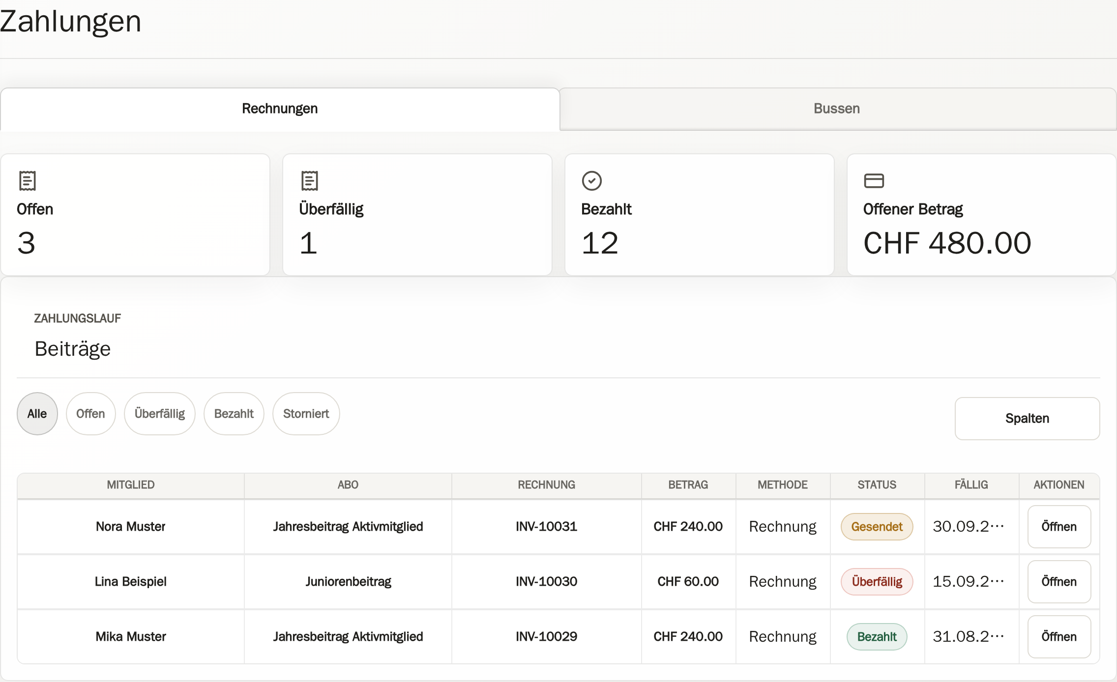 CRM-Zahlungsübersicht mit Statuszahlen, Filtern und drei synthetischen Rechnungen.
