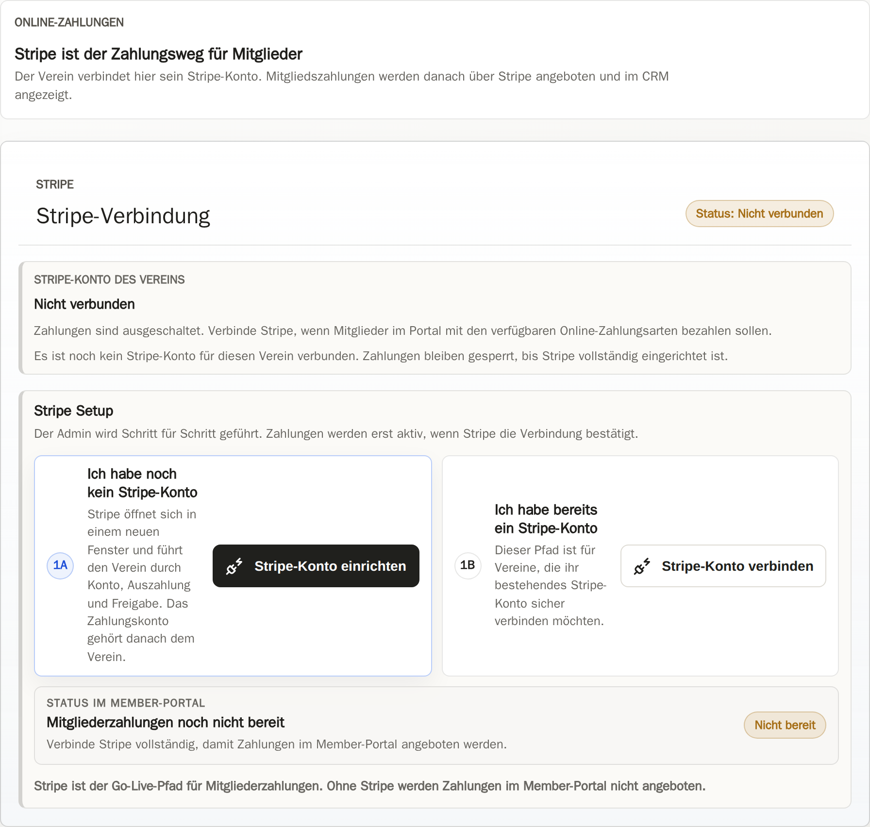 CRM-Zahlungseinstellungen mit den beiden sicheren Stripe-Wegen für ein neues oder bereits vorhandenes Vereinskonto.