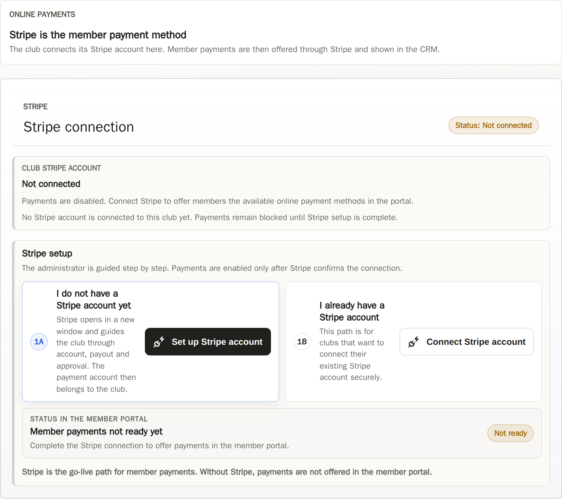 CRM payment settings with the two secure Stripe routes for a new or existing club account.