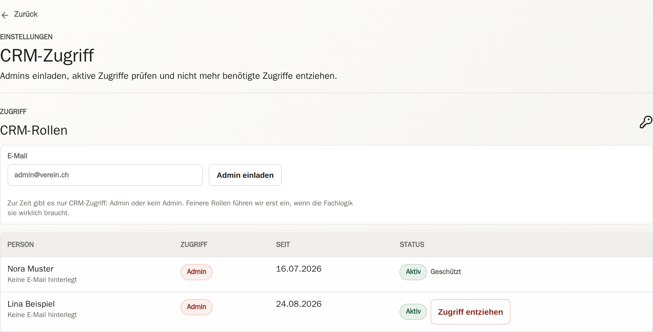 CRM-Zugriffsverwaltung mit Einladung, geschütztem Vereinsinhaber und einem entziehbaren Admin-Zugang.