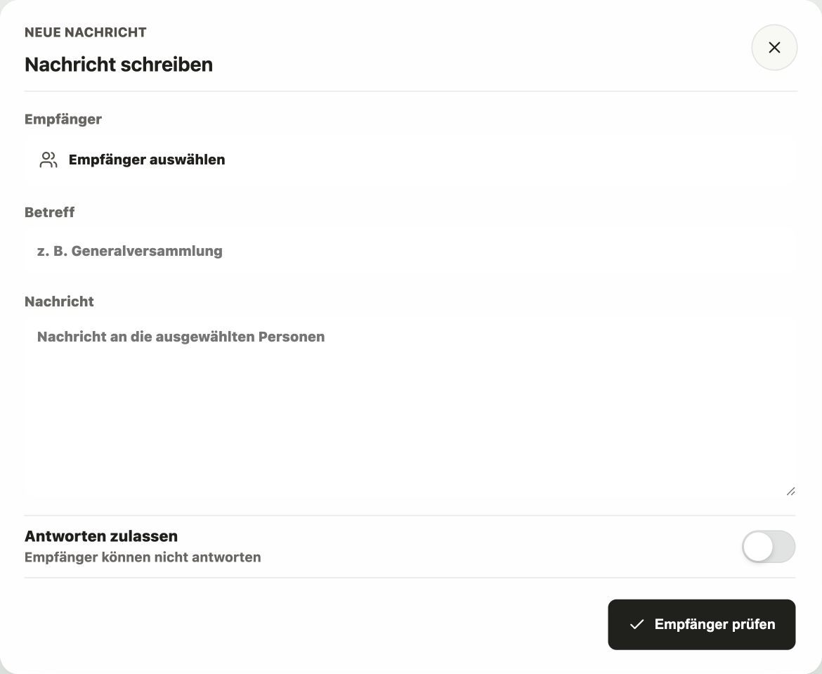CRM-Dialog Neue Nachricht mit Empfängerauswahl, Betreff, Nachricht und der Aktion Empfänger prüfen.
