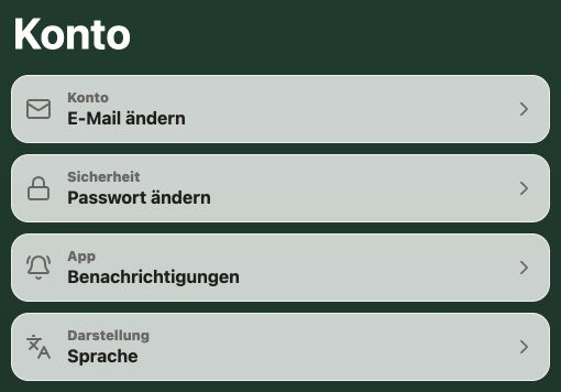 Member-App im Bereich Konto mit den Einträgen E-Mail ändern, Passwort ändern, Benachrichtigungen und Sprache.