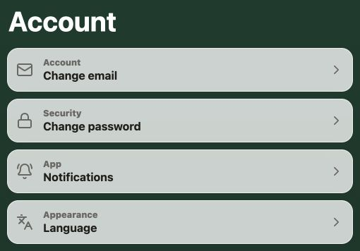 Member app Account area with Change email, Change password, Notifications and Language entries.