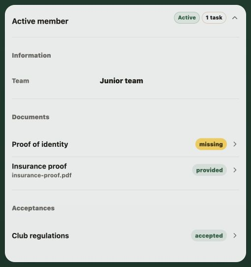 Member app with an expanded active-member profile, a missing proof of identity and a provided insurance proof.