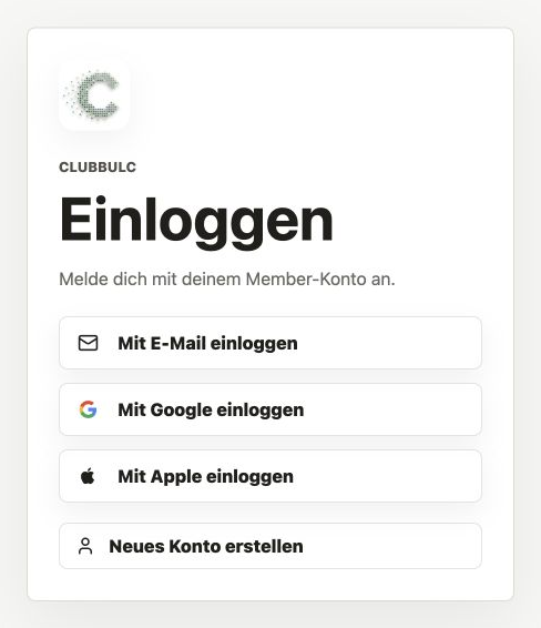 Member-Login mit den Anmeldearten E-Mail, Google und Apple sowie der Aktion Neues Konto erstellen.