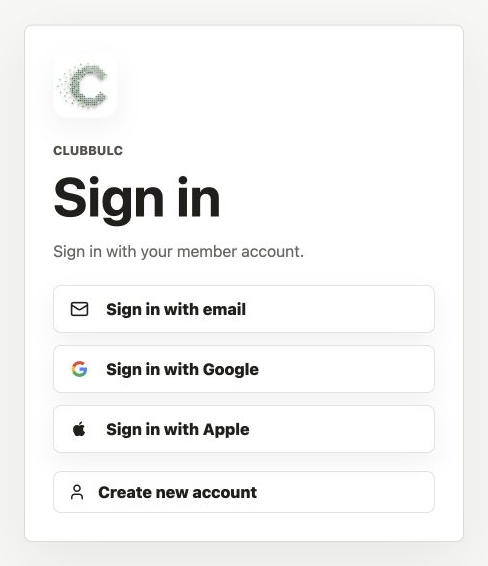 Member sign-in with email, Google and Apple methods and the action to create a new account.