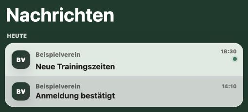 Member-App mit dem Postfach Nachrichten, der ungelesenen Nachricht Neue Trainingszeiten und der gelesenen Nachricht Anmeldung bestätigt.