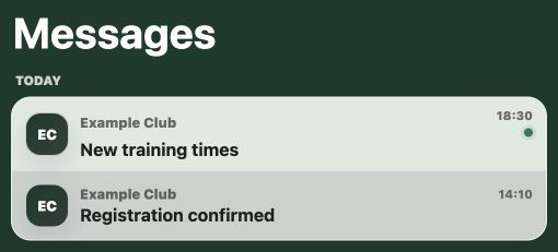 Member app Messages inbox with the unread message New training times and the read message Registration confirmed.