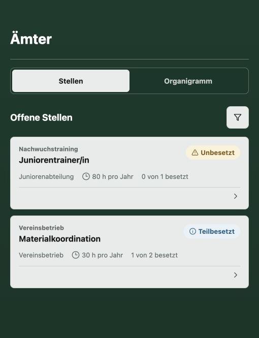 Member-App im Bereich Ämter mit dem Reiter Stellen und den offenen Vereinsaufgaben Juniorentrainer/in und Materialkoordination.