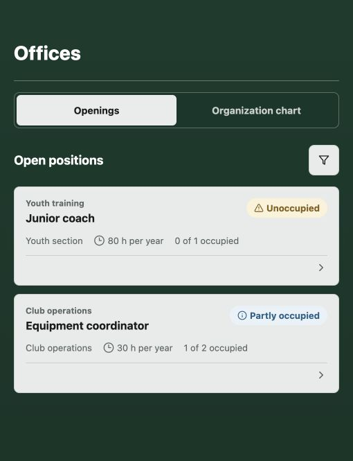 Member app Offices area with the Openings tab and the open club roles Junior coach and Equipment coordinator.