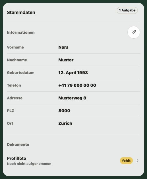 Member-App mit Stammdaten der Musterperson Nora Muster, Stift zum Bearbeiten und fehlendem Profilfoto.
