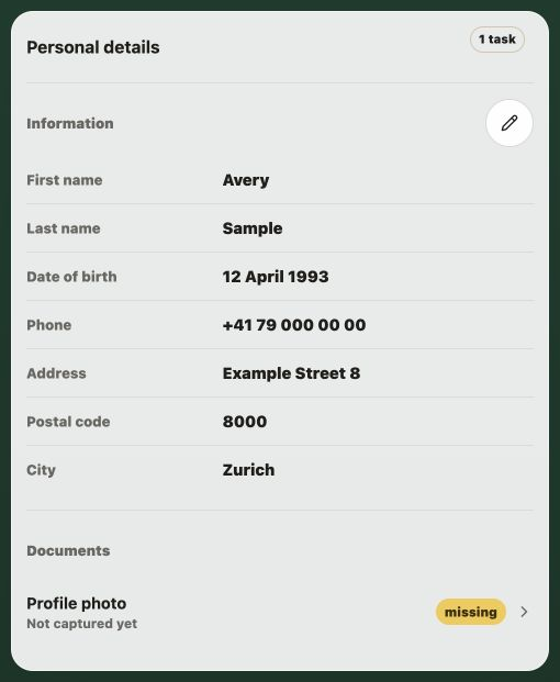 Member app showing the sample person Avery Sample, the edit pencil and a missing profile photo.