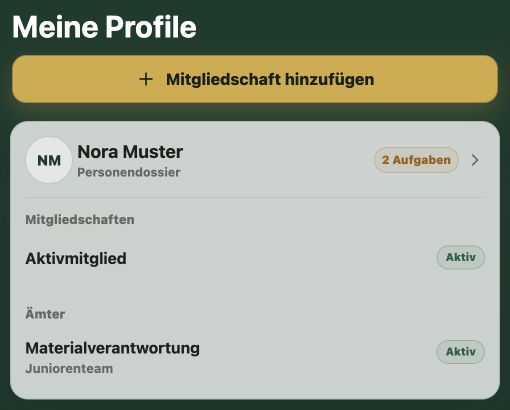 Member-App mit Meine Profile, der Musterperson Nora Muster, einer Mitgliedschaft, einem Amt und zwei offenen Aufgaben.