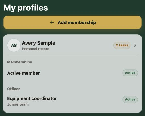 Member app showing My profiles, the sample person Avery Sample, one membership, one office and two open tasks.
