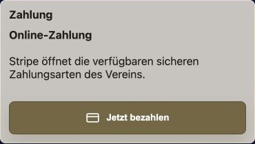 Mobiler Zahlungsbereich einer Vereinsrechnung mit Online-Zahlung und der Schaltfläche Jetzt bezahlen.