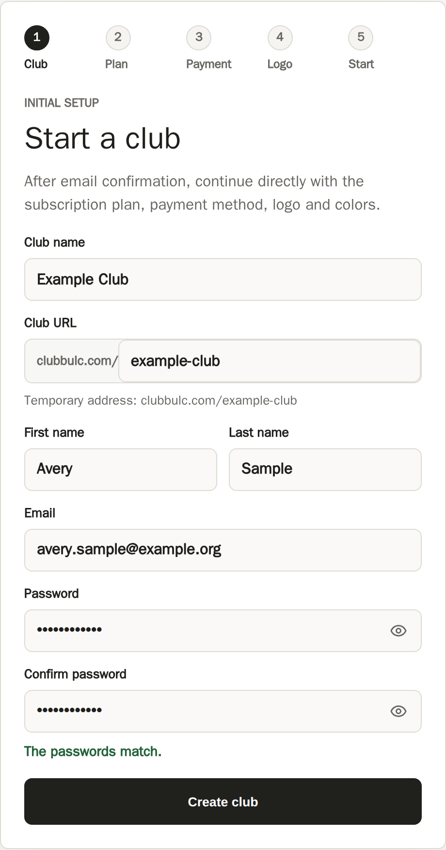 Start a club onboarding step with synthetic club and administrator details and a temporary club URL.